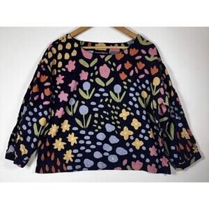 Princess Highway Shirt Womens 12 Navy Blue Floral Linen Cotton Cropped Pullover